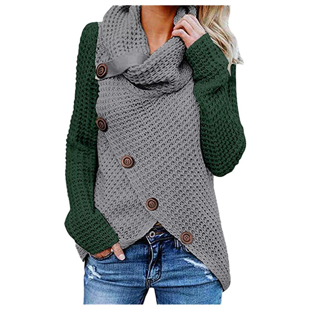 Women Winter Patchwork Knitted Buttons Long Sleeve Regular Blouse Sweatshirt