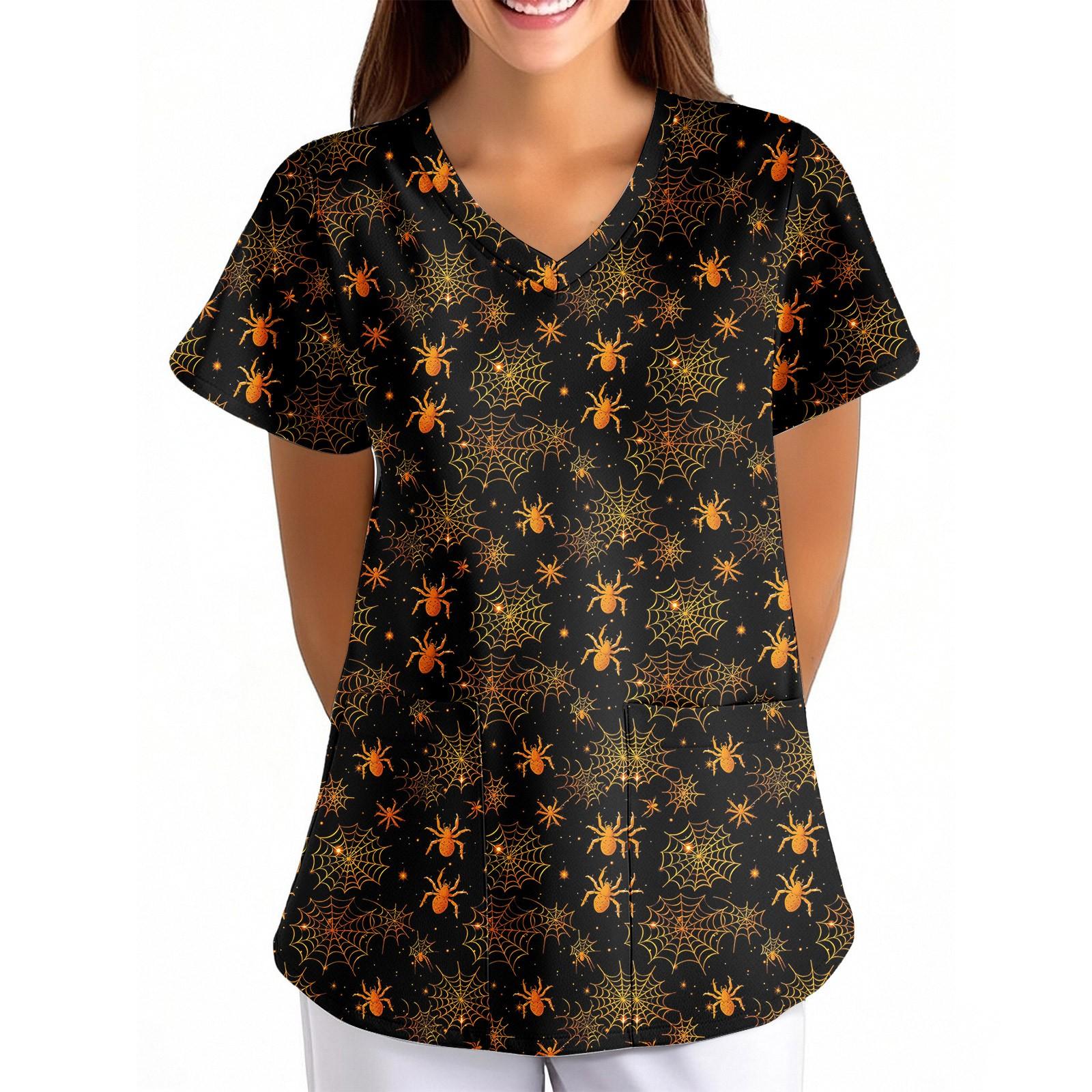 

Женская Хэллоуинская Принтованная Свободная V-образная Горловина Карман Короткий Рукав Форма Форма L чёрный