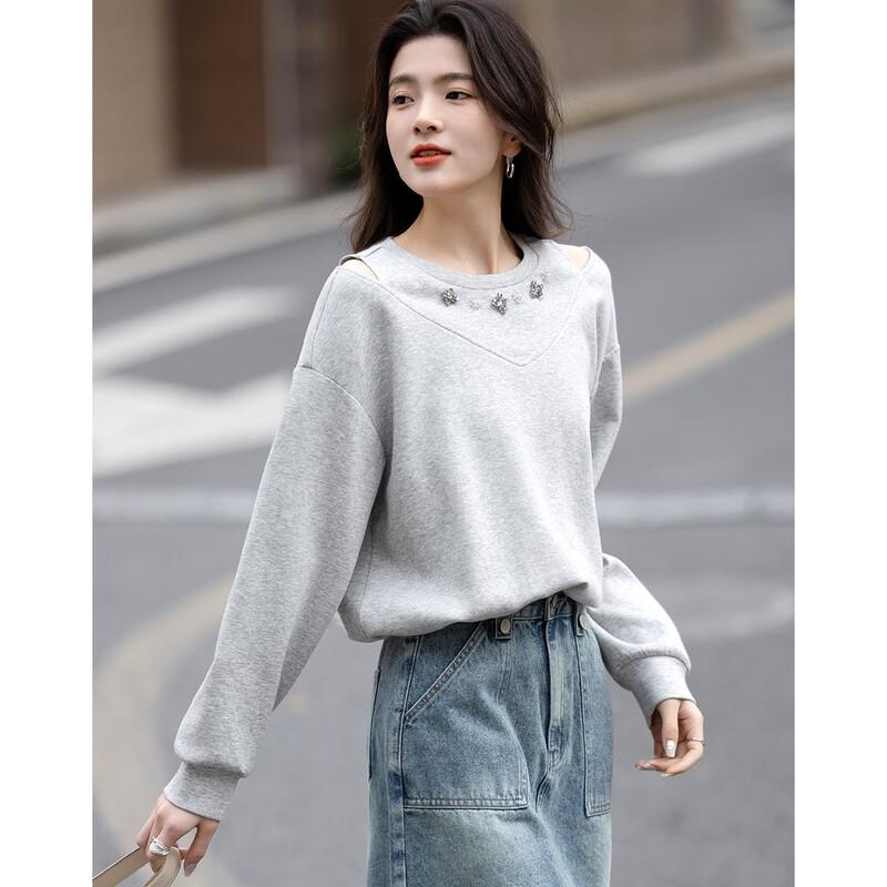 Demanana Women's Korean Style Off-Shoulder Rhinestone Sweatshirt