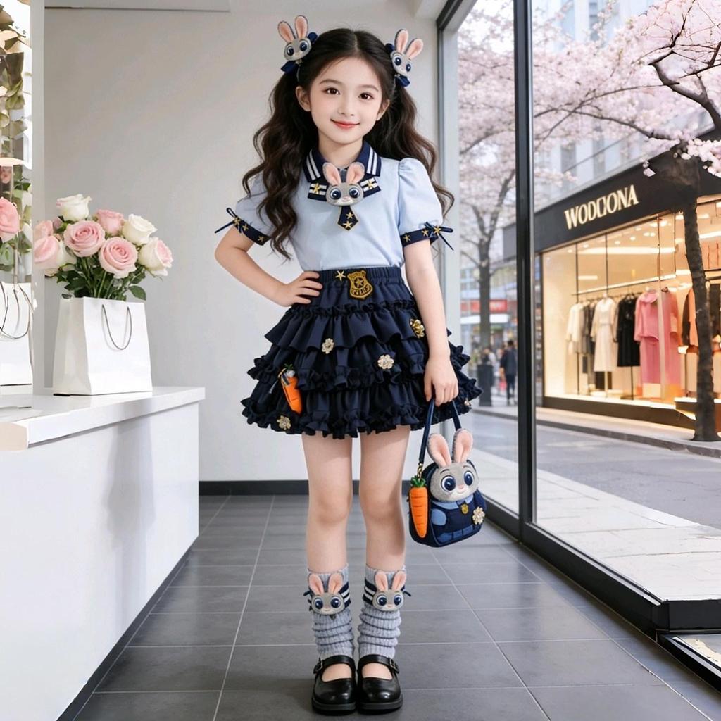 Girls' Academy Style Cartoon Skirt Set - Sweet Summer Princess Two-Piece Outfit