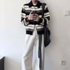 Korean Striped Contrasting Colors Sweaters Men's Clothing Fashion Hollow Out Autumn Winter Vintage Polo-Neck Knitted Cardigan