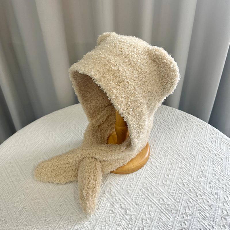 

Модна жіноча зимова шапка з плюшевої вовни з ведмедиком – Універсальний в язаний пуловер з навушниками для великої голови та маленького обличчя бежевий