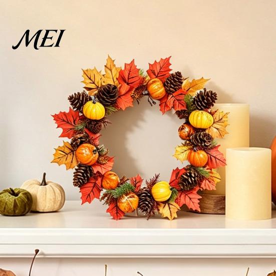 Autumn Wall Decals for Home Decor Thanksgiving Day Sticker, Pumpkin/Pinecone/Leaf Print Garland Shape Decorations Waterproof PVC Decal, Harvest