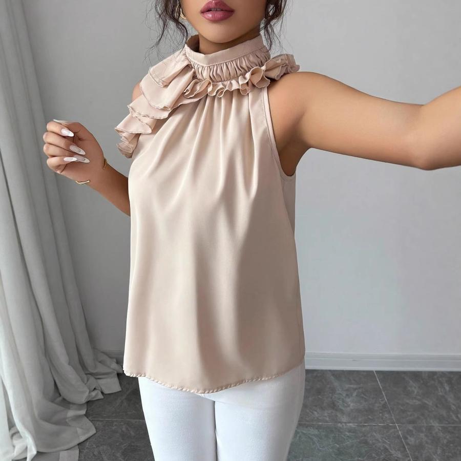 Top da Donna alla Moda con Fascino, Scollo a Petalo, Sulla Spalla, Vestibilità Aderente, Senza Maniche, Colore Unito