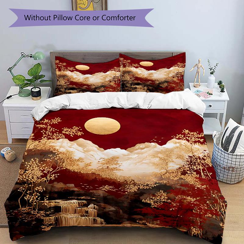 3pcs Chinese Style Landscape Bedding Set, Includes 1 Comforter + 2 Pillowcases, Without Pillow Inserts, Soft Comfortable, Lightweight Breath