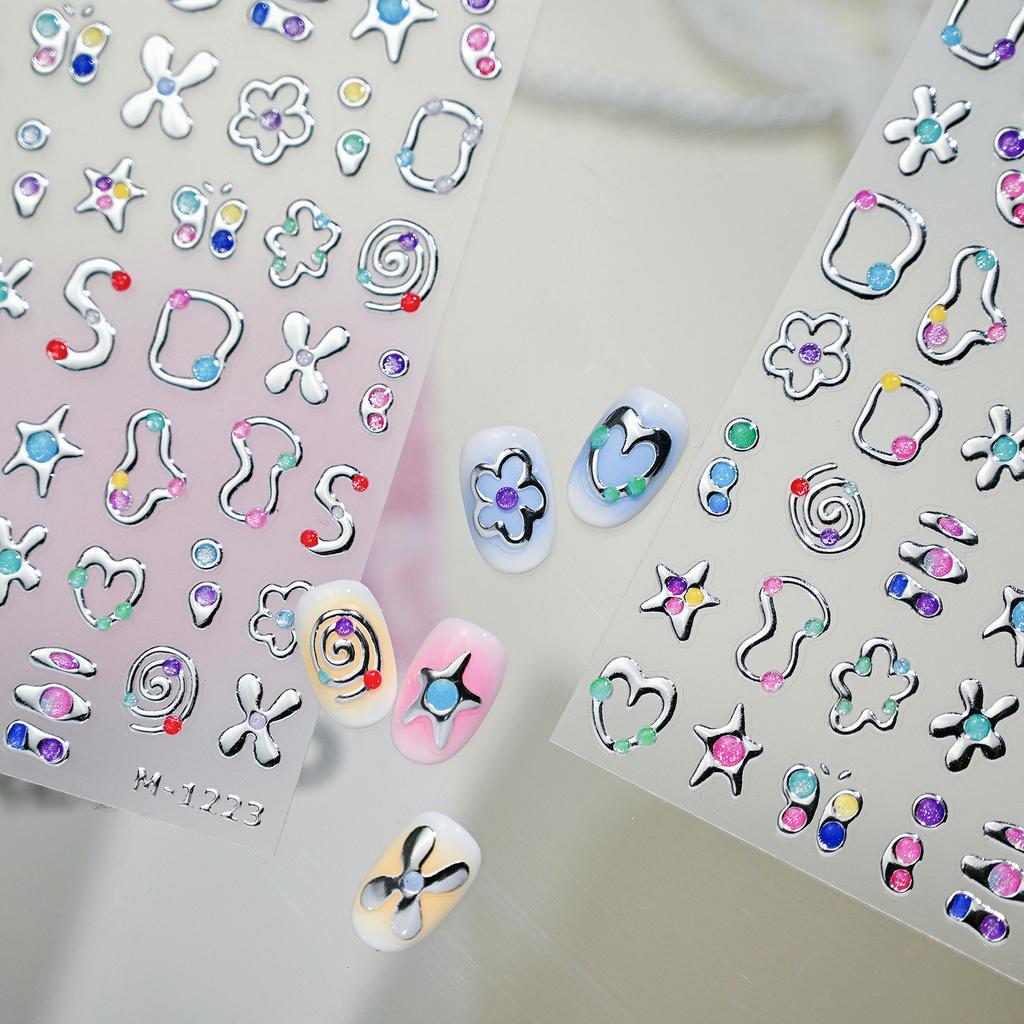 Punk Silver Metal Line Star Flower Love Colorful Butterfly Nail Art Stickers Horror Halloween Decorations Manicure Decals