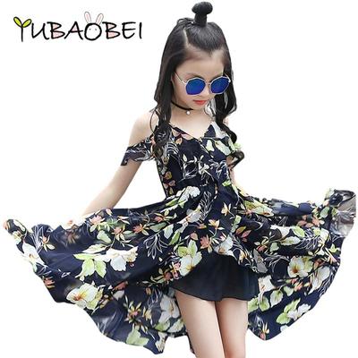 Sommer Mädchen Schulterfreies Kleid Teen Kinder Böhmen Stil Ärmelloses Chiffon Blumenkleid für Mädchen Kinder Kleid