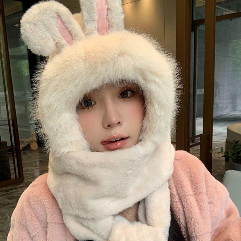 Winter Warm Hat Scarf Integrated Rabbit Ears Cute Plush Gloves Scarf Hooded Windproof Hat Three-Piece Set
