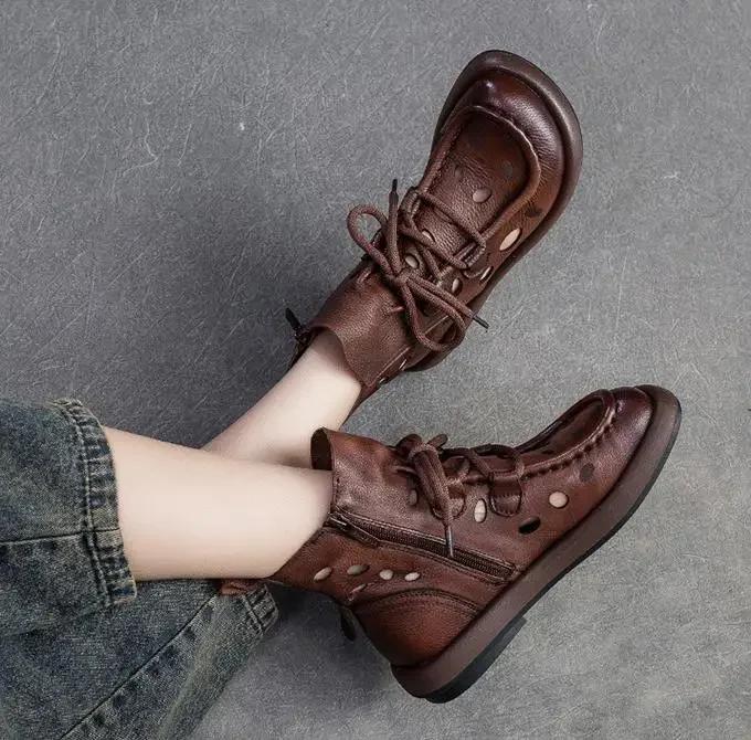 Fashion High Quality 3CM New Design Women Summer Breathable Shoes Hollow Out Cool Boots Literary Style Genuine Leather Flat Ankle Boots