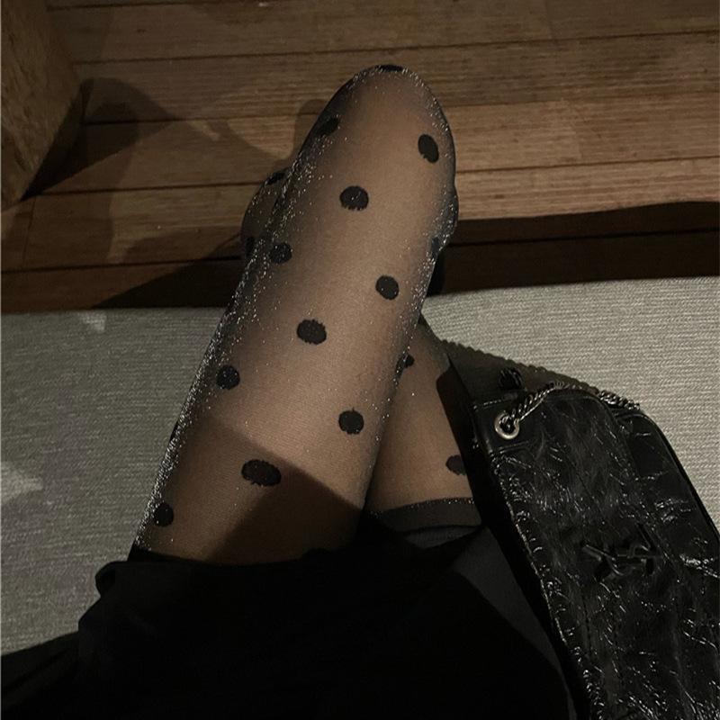 Silver Polka Dot Shiny Pantyhose - Women's Sexy Pearlescent Stockings, Hot Girl Outfit, Black Thin Base Layer.