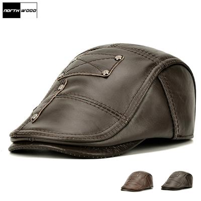 Boina de couro genuíno chapéu masculino marrom couro inverno boinas earflaps quente pico boné para homem