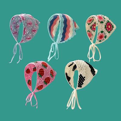 Bandeau Triangle Style Pastoral Français Crocheté à la Main Petite Fleur Foulard Chapeau Tricoté Contraste de Couleurs Bandeau Serviette pour Filles
