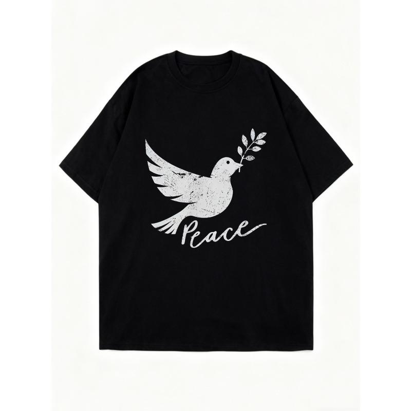 Black Oversized T Shirt With Peace Dove Print And Olive Branch For Casual Wear