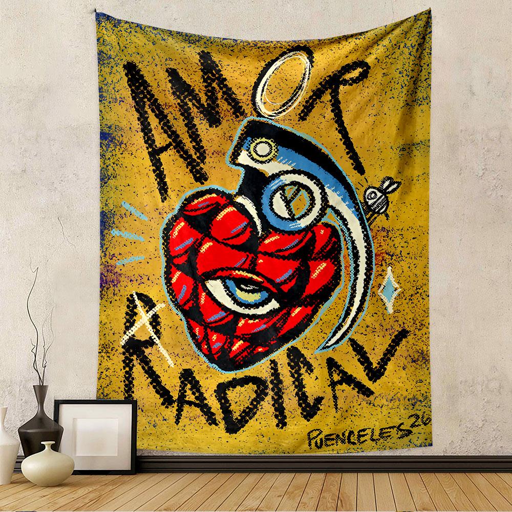 Amor Radical Tapestry Wall Hanging, Spanish Love Quote Poster Art, Boho Wall Decor for Bedroom Living Room Dorm