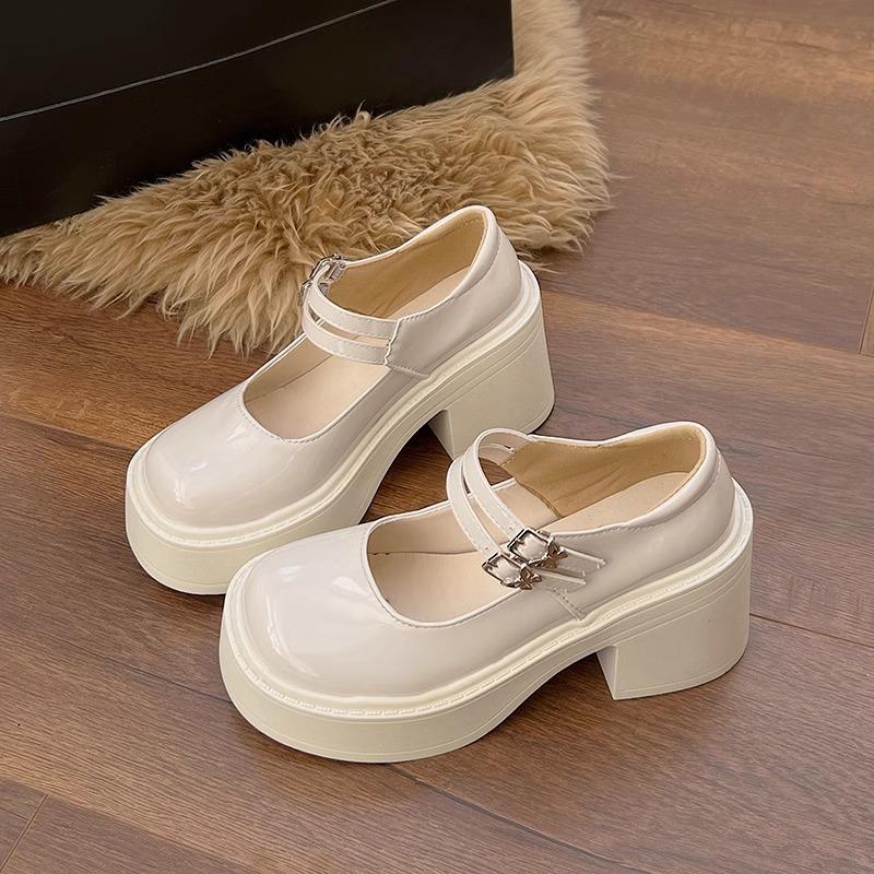 

Thick-soled Mary Jane small leather shoes women s 2025 spring and summer new one-word buckle round head French retro thick heel high heel single shoes 40 бежевый