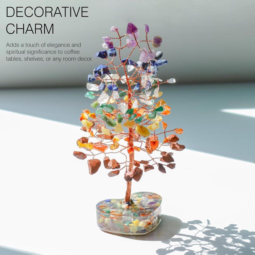 7 Chakra Gemstone Bonsai Tree with Orgone Heart Base – Feng Shui Showpiece for Positive Energy