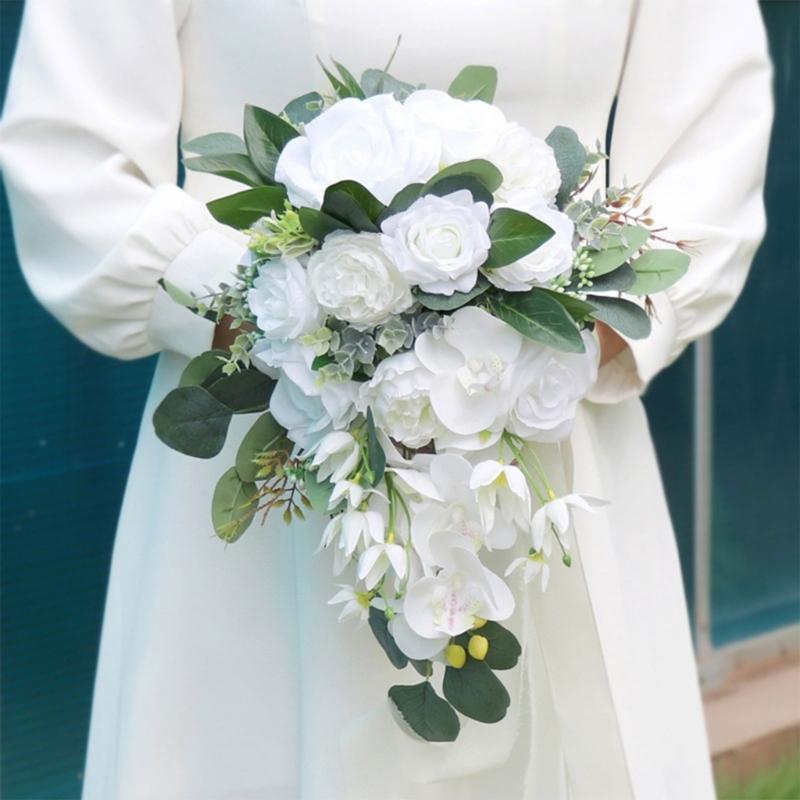 12“ Bouquet a Cascata Bouquet da Sposa per Sposa Rosa Bianca Orchidea Fiori Artificiali Bouquet da Sposa per Inverno Estate