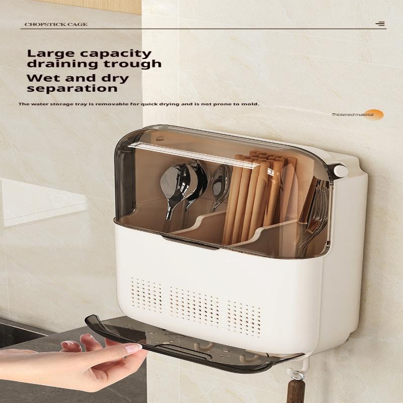 Wall Mounted Kitchen Cutlery Holder Breathable Dust-Proof Utensil Drainer No Punching With Lid Chopstick Storage Box