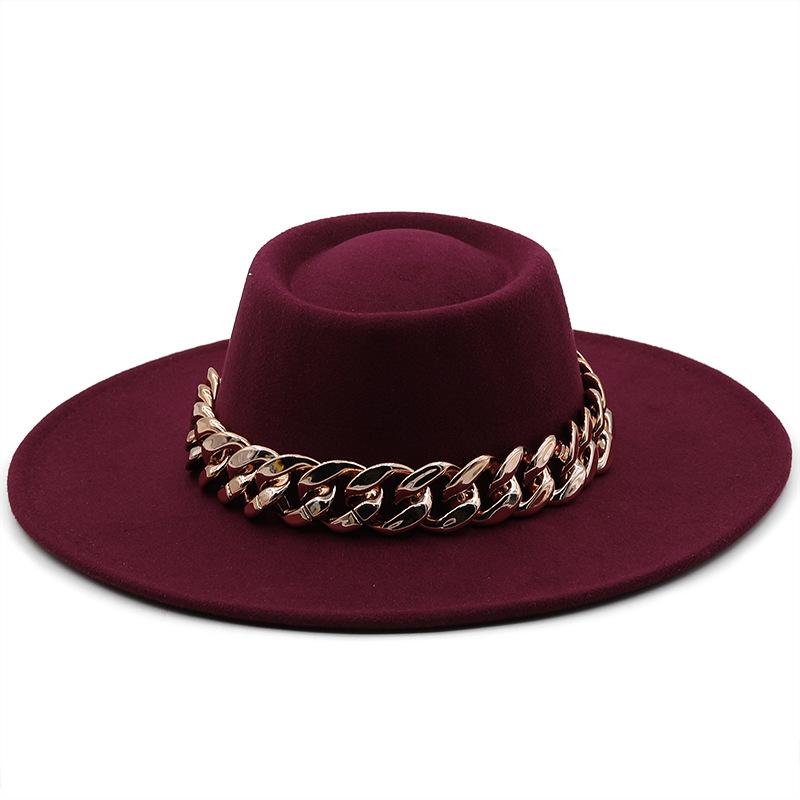 New retro ethnic style. Eaves wool woolen felt hat concave and convex top men's and women's top hats, big eaves thick gold chain hat