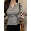 2025 New Spring and Autumn Long Sleeve Inner Women T-Shirt Tight Slim Fit Office Women's Bottom Shirt Basic solid color O Neck Skinny Button Top