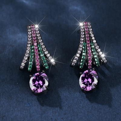Light Luxury Multi Color Diamond Elliptical Purple Zircon Earrings for Women with High Quality and Temperament Earrings, Party and Party Gifts