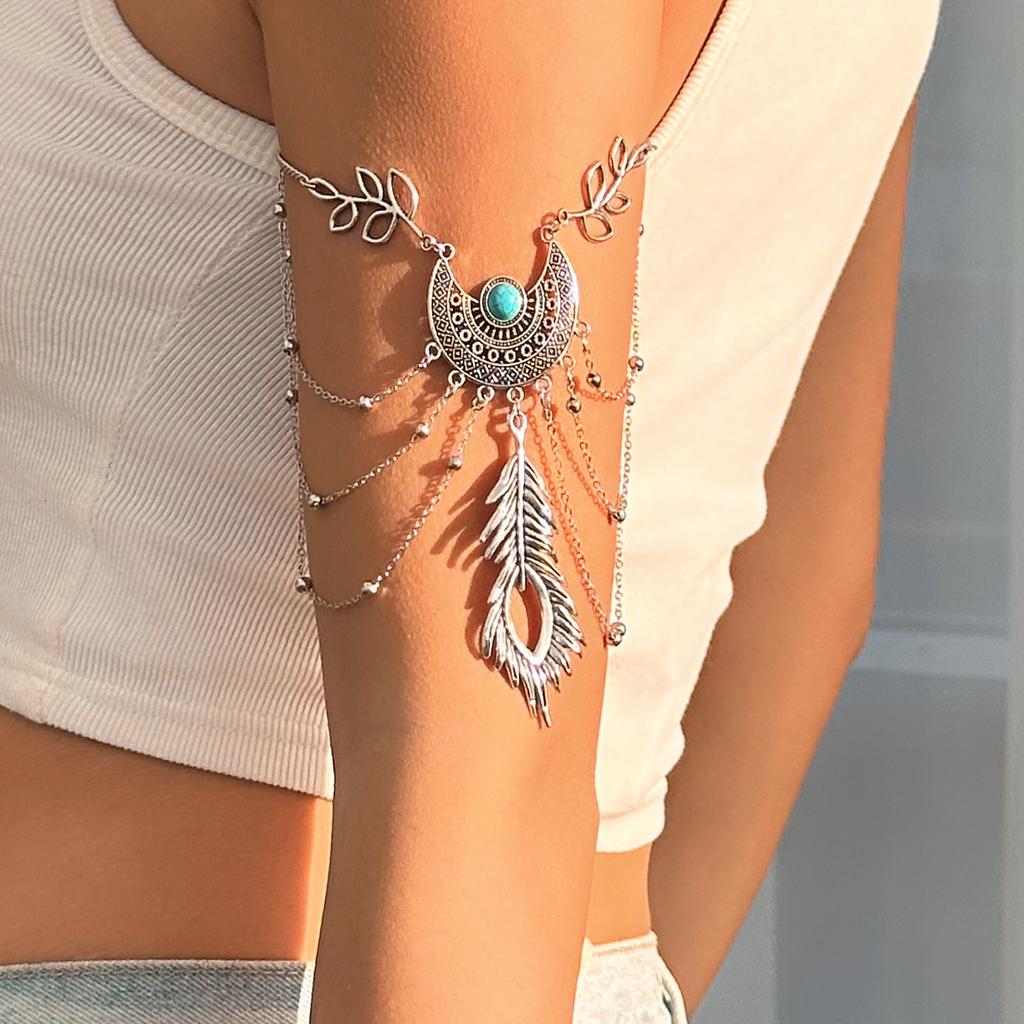 IngeSight.Z Vintage Metal Feather Pendant Upper Arm Bracelet Boho Multilayer Metal Tassel Bracelet Women's Charm Party Jewelry