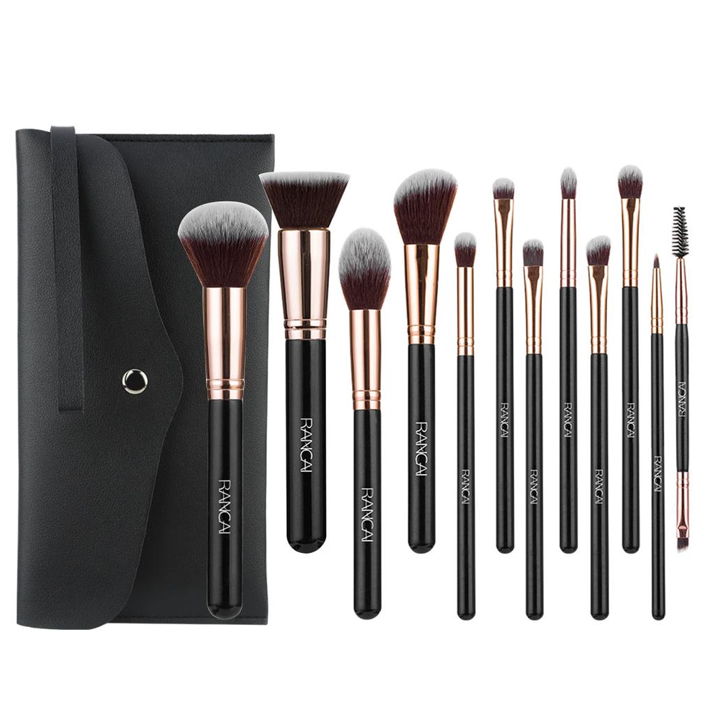 12 Brown Makeup Brush Set with Bag Soft Loose Powder Blush Brush Foundation Brush Eyeshadow Brush