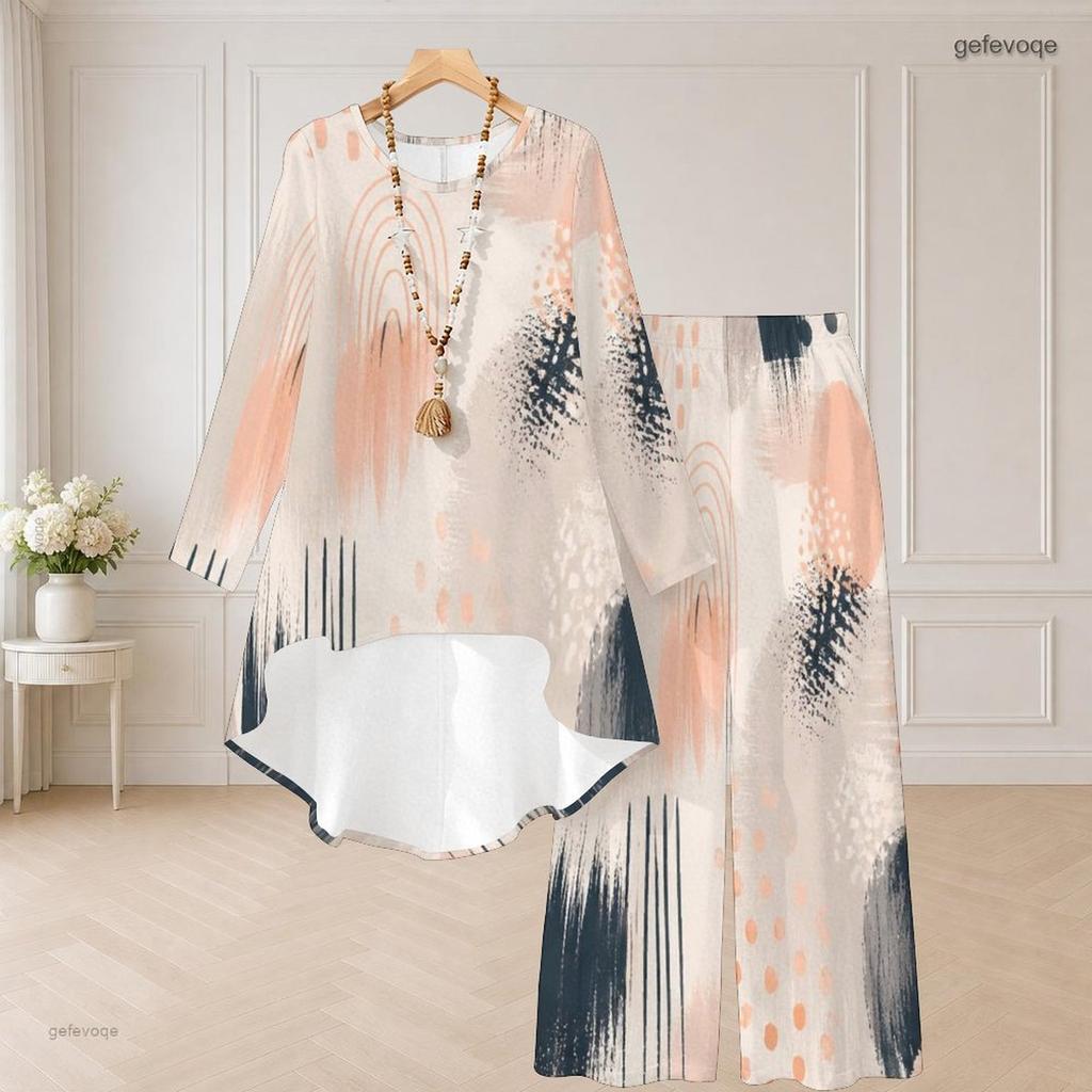 Women Plus Size Round Neck Long Sleeve Printed High Low Top Wide Leg Pants Two Piece Set