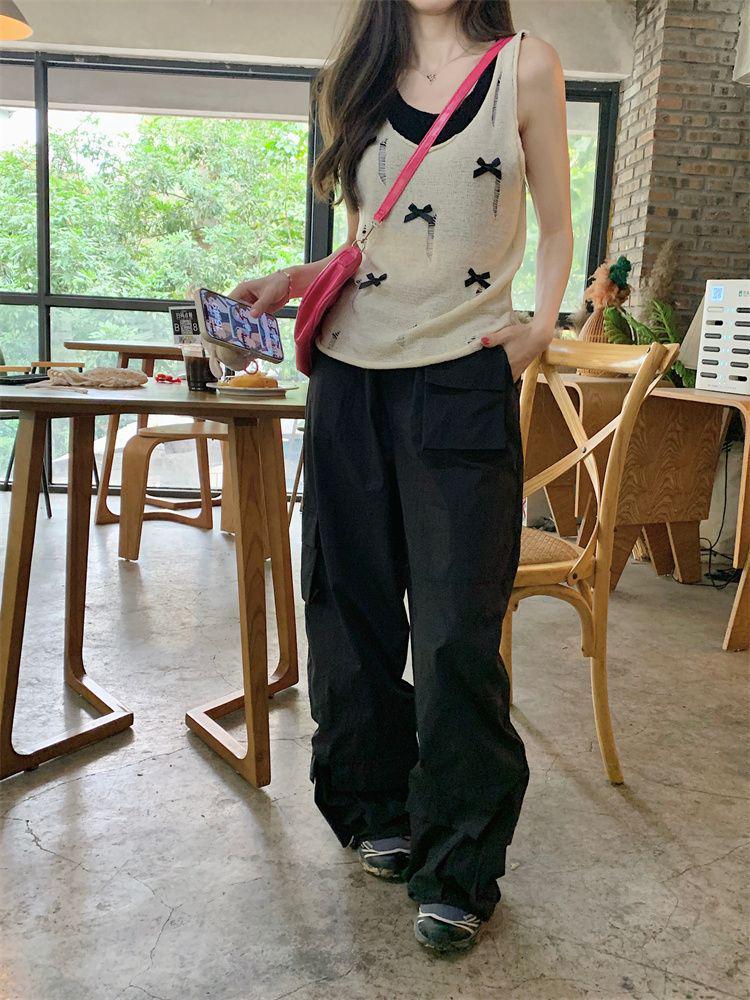 Women's Color-Block Bow Top: Slim Fit Summer Knit with Rolled Hem and Ripped Design