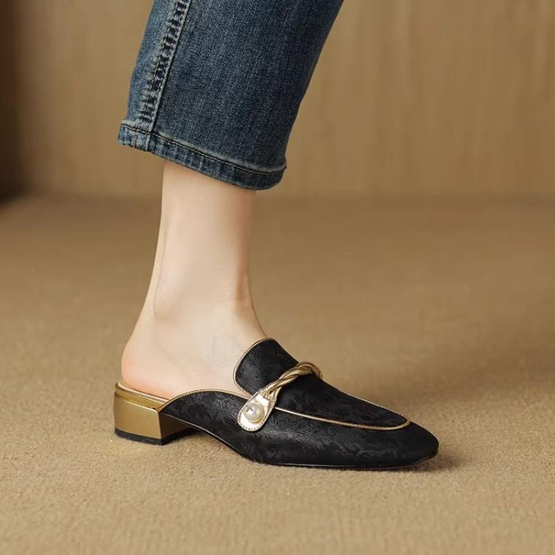 Great good to wear bag head cool slippers women's summer outer wear fashion round head medium heel thick heel leather shoes low heel large size