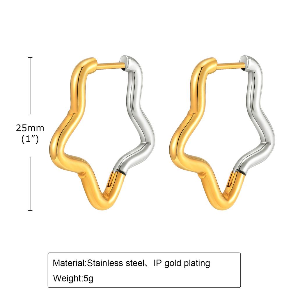 Trendy 2 Tones Minimalist Stainless Steel Hoop Earrings for Women, Gold Color Star Square Heart Huggies Ear Jewelry Accessory