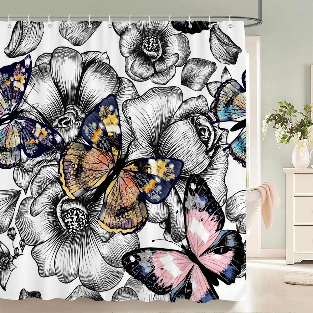 Beautiful Butterfly Shower Curtains Waterproof Fabric Colored Flowers Bath Curtain Bathroom Bathtub Decoration with Hooks