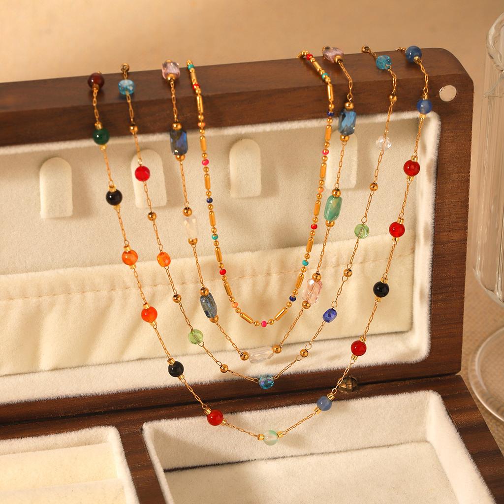 Dopamine Colorful Beaded Natural Stone Round Bead Collarbone Necklace For Women