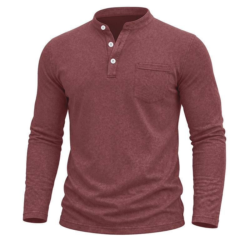 Men S Vintage Washed Long Sleeve Stand Collar Henley Shirt