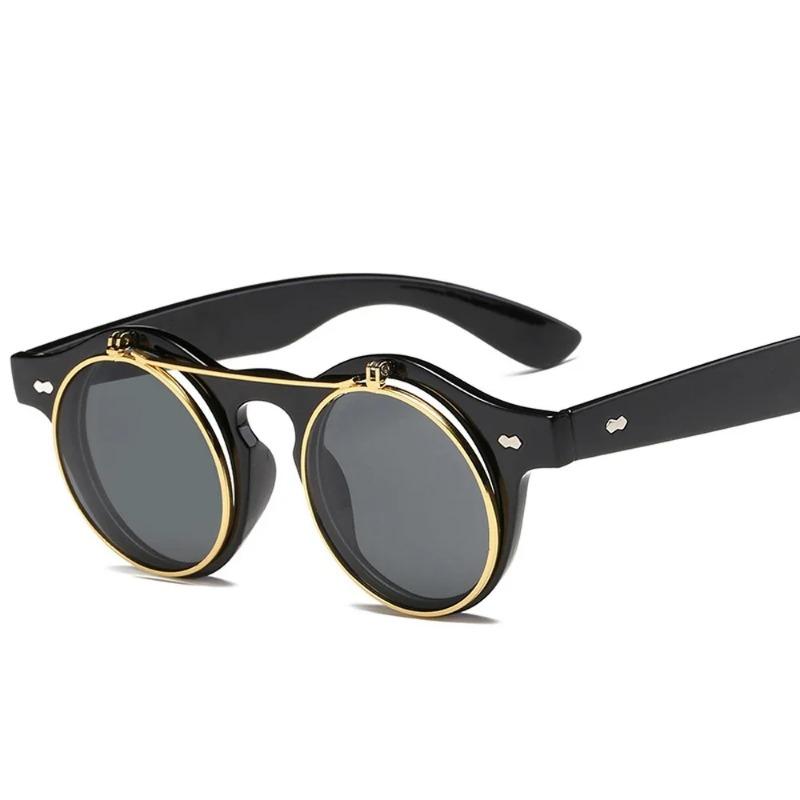 Fashion Vintage Round Steam Punk Flip Up Sunglasses Classic Double Layer Clamshell Design Sun Glasses Uv400