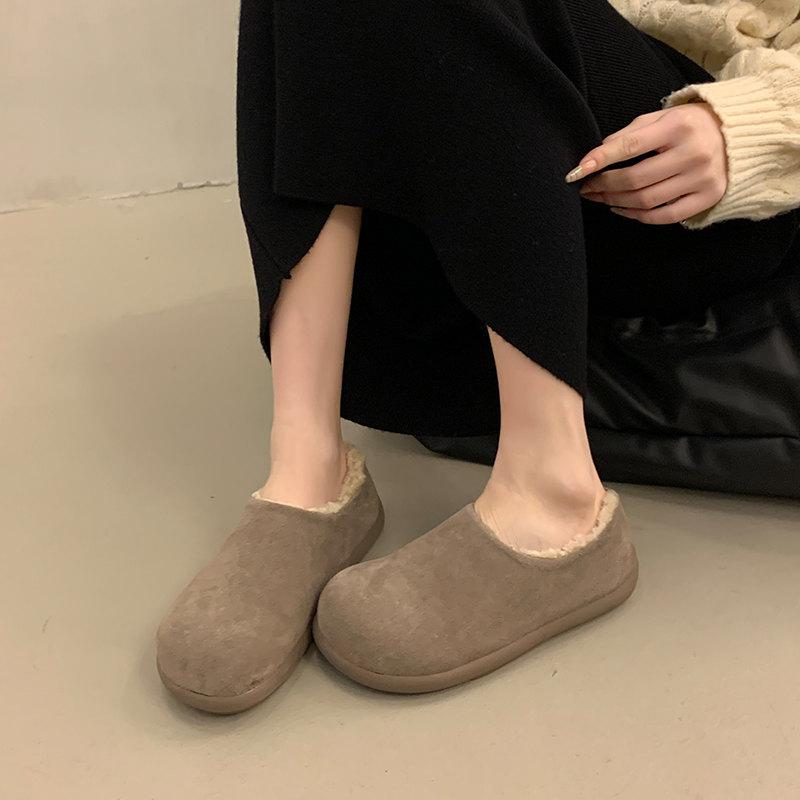 Retro outer cotton shoes women's small potatoes autumn and winter round head flat bottom bag head half slippers fluffy shoes warm and comfortable