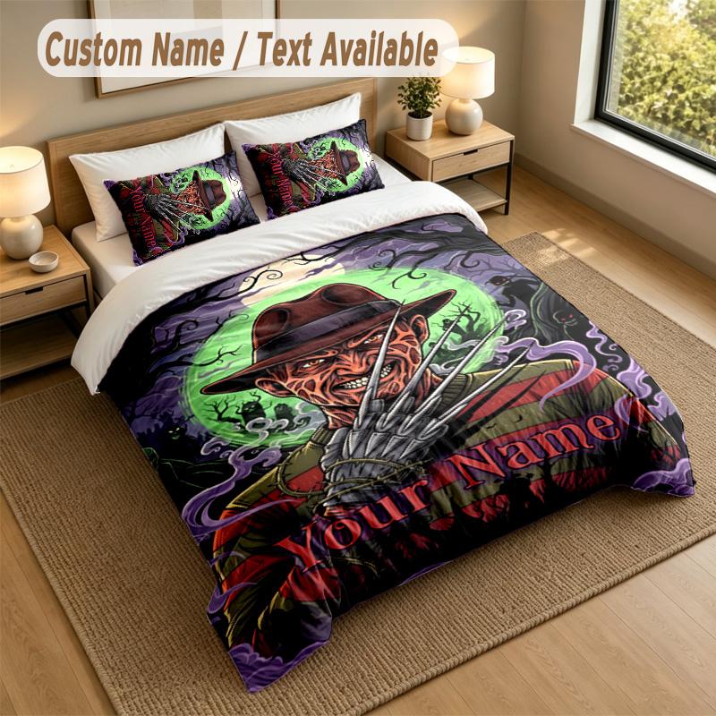 3Pcs Bedding Set Custom Name Text, 1 Sheet 2 Pillowcases Home Bed DecorA Nightmare On Elm Street Freddy Krueger