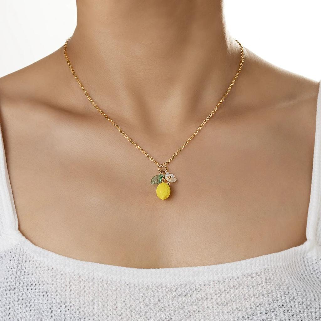 1 Pcs Cute and Exquisite Resin Lemon Flower Pendant Necklace Earrings, Simple and Versatile, Fruit Collarbone Chain, Neck Chain