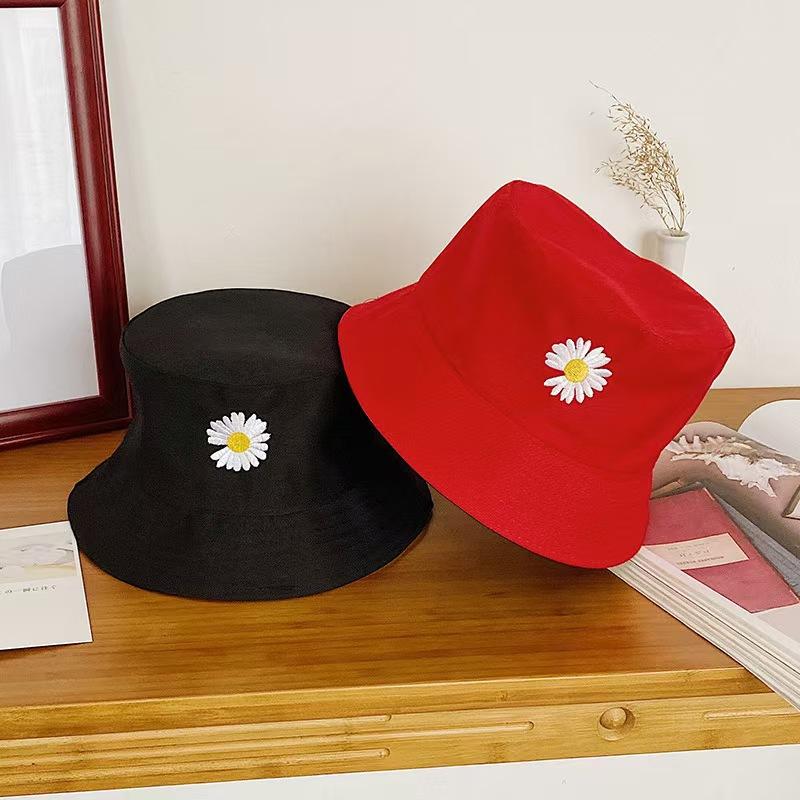 Bucket hat double-sided embroidered logo spring and summer Korean version tide shading big brim sun hat female Japanese smile washbasin hat