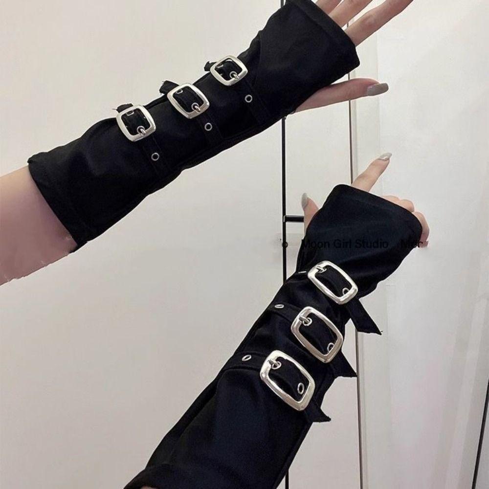 Black Punk Style Elbow Gloves Gothic Metal Button Gloves Harajuku Street Dance Gloves Street Dance