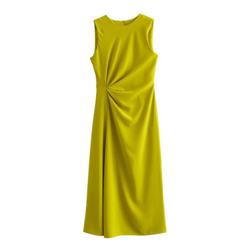 European American Women s Clothing Fashionable Slim Pleated Sleeveless Midi Long Dress S имбирный