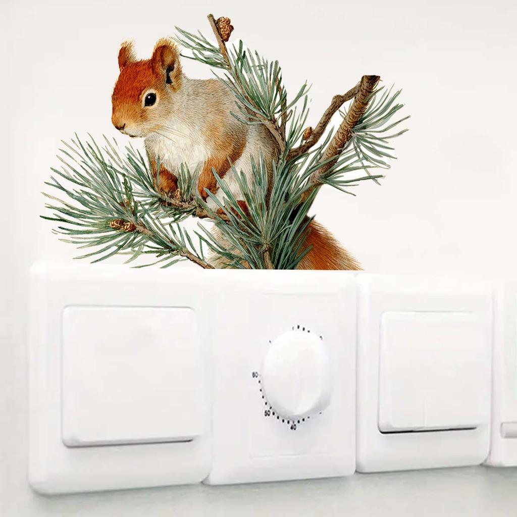 Realistic Squirrel On Pine Branch Self-adhesive Switch Decorative Sticker Removable, Waterproof, Household Beautification Sticker