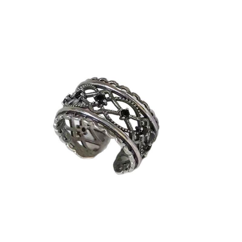 Adjustable Open Ring Couples Punk Style Black Zircon Geometric Design Unisex Plated Finger