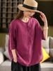 Johnature Women Vintage Solid Color T-Shirts O-Neck Half Sleeve Button Loose Summer Casual T-Shirts