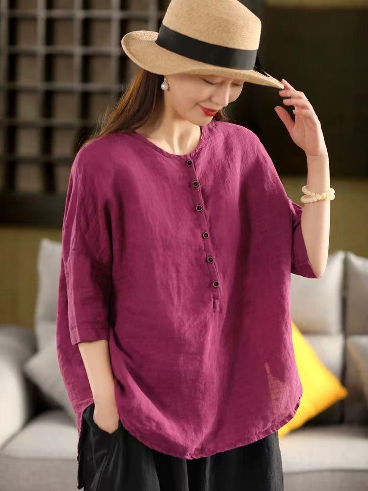 Johnature Women Vintage Solid Color T-Shirts O-Neck Half Sleeve Button Loose Summer Casual T-Shirts