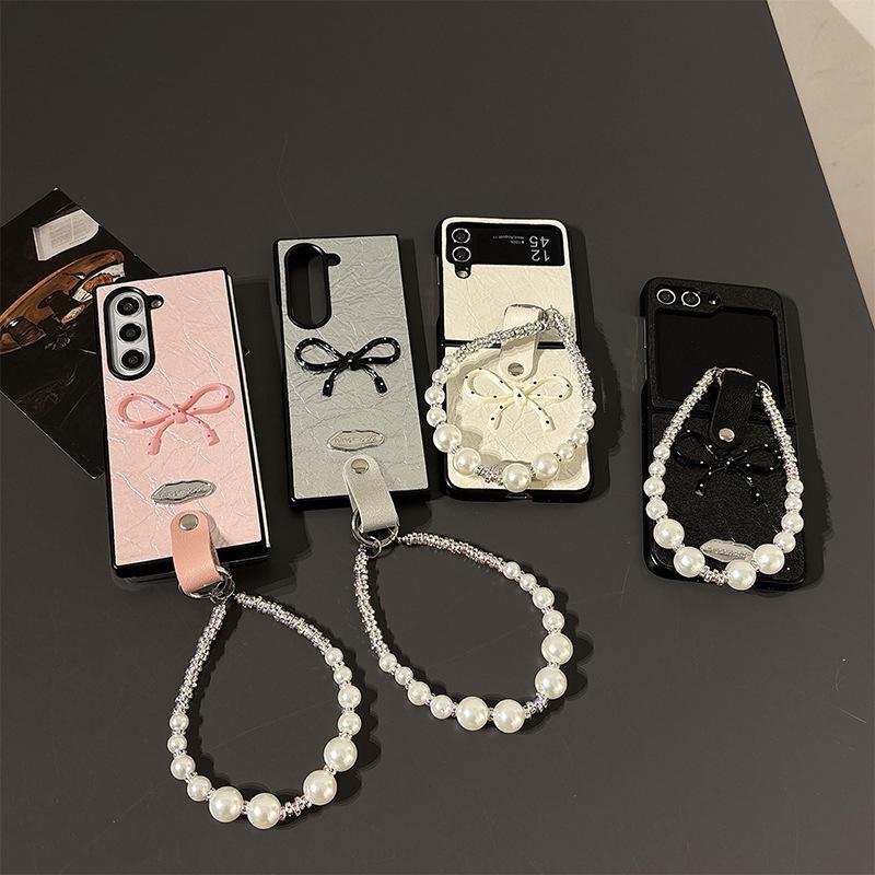 Folding Screen Flip Leather Phone Case for Samsung Zflip6 Portable Rope OPPOFindn3Flip Bow