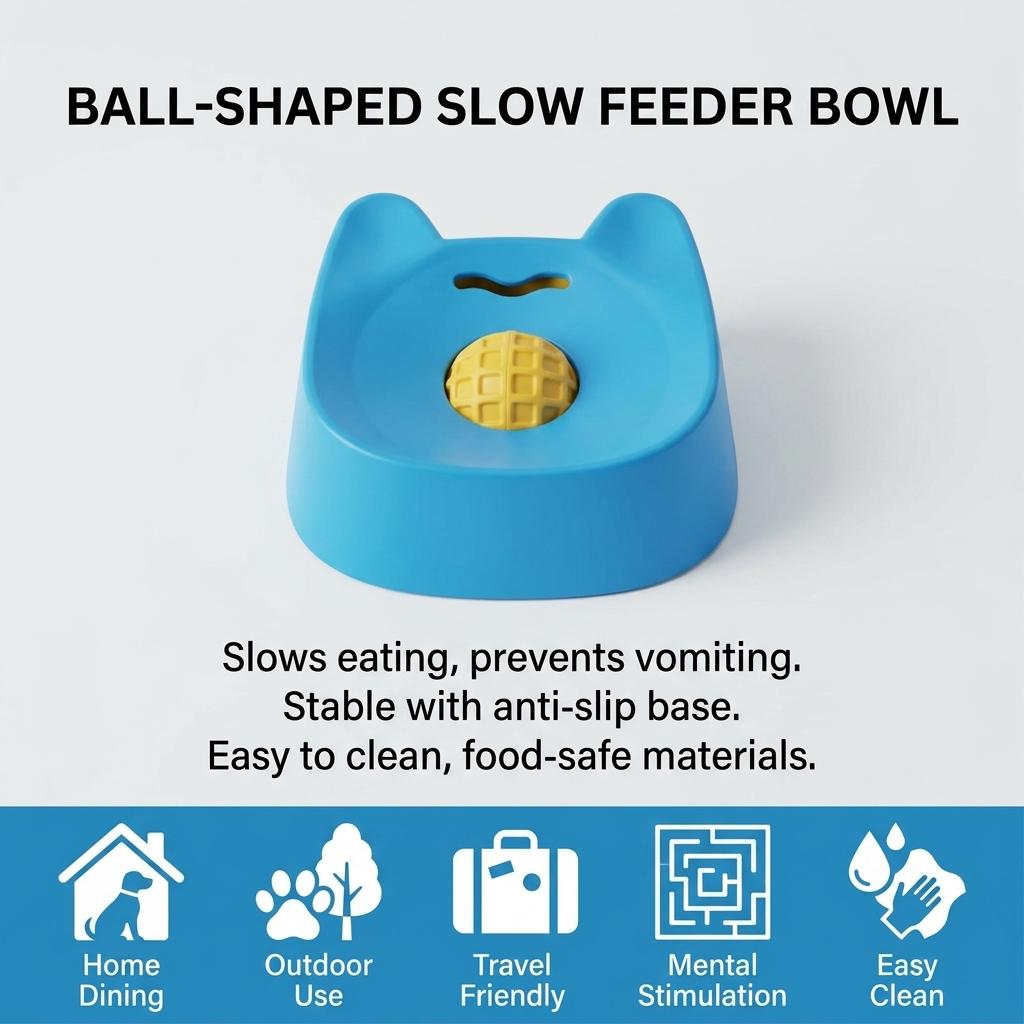 Pet Slow Feeder Bowl Ball Shape Anti-Slip Design For Small Medium Dogs Food Grade Material Easy To Clean