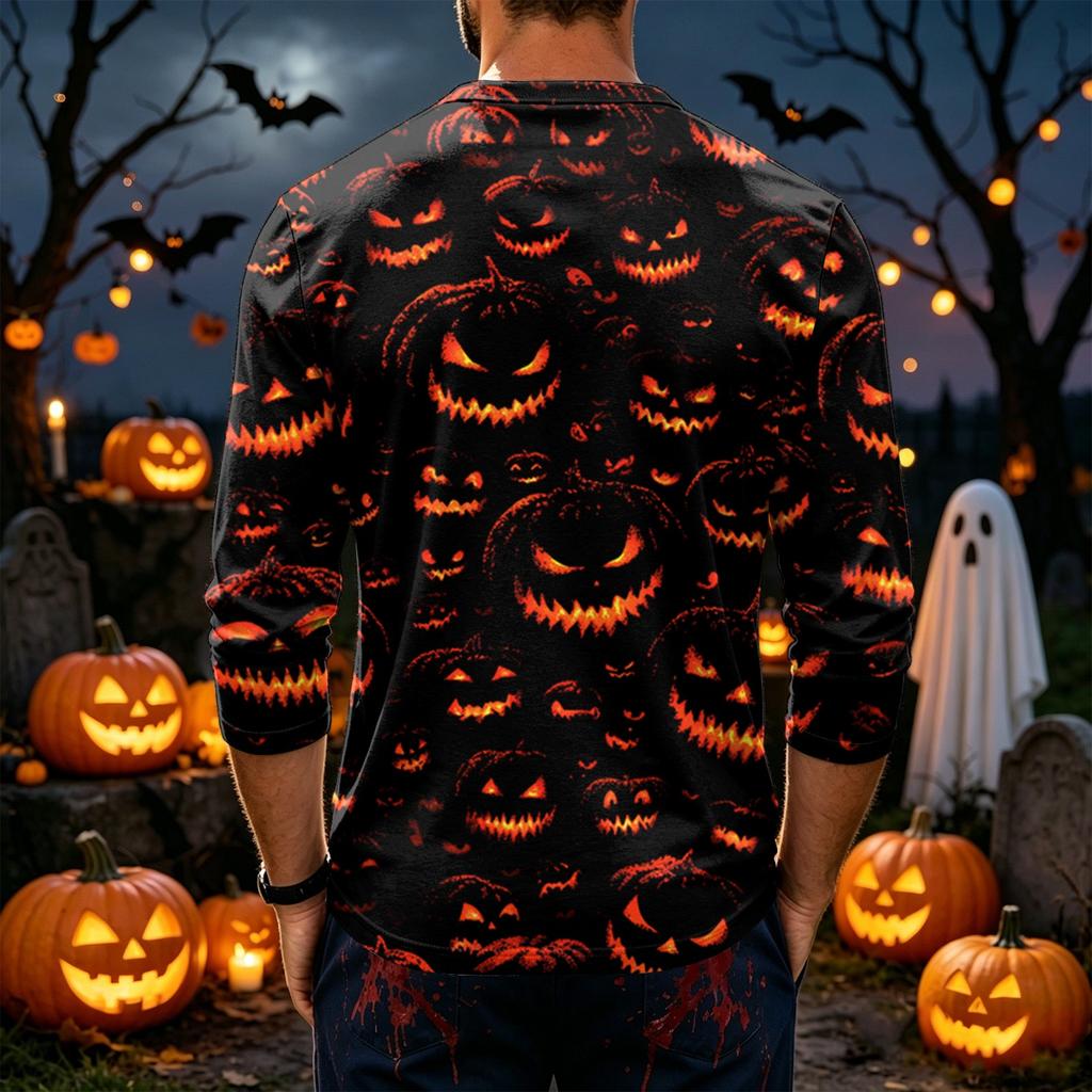 Men's Long Sleeve Tee with Halloween Print for Casual Wear