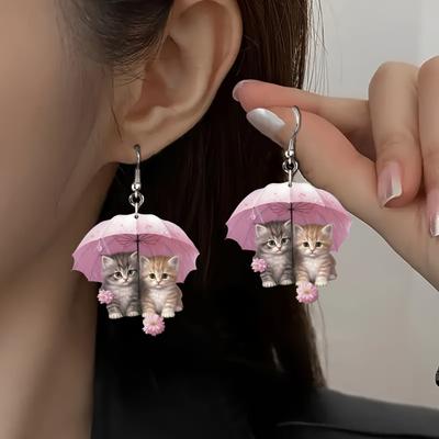 1 paire de boucles d'oreilles pour femmes en forme de chat 2D sous un parapluie en acrylique, boucles d'oreilles suspendues de style doux