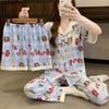 Animal Paradise Plaid Contrast Cloud Cotton Pajamas Women'S Summer Short Sleeve Casual Sweet Three-Piece Loungewear